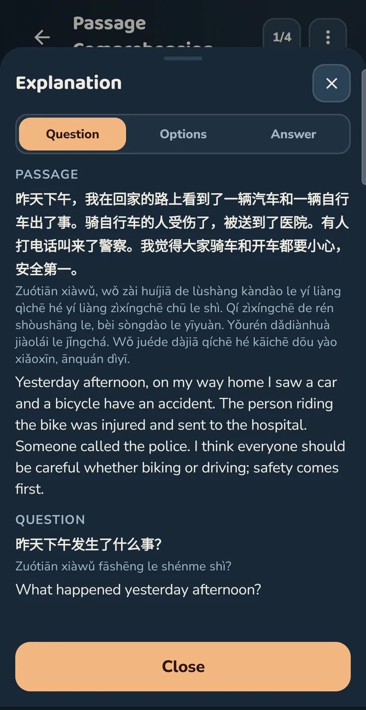 The explanation for an HSK 4 reading question, on its Question tab: the passage about a car and a bicycle having an accident, in characters, pinyin and English, then the question 昨天下午发生了什么事? with pinyin and English. Tabs for Options and Answer sit beside it.