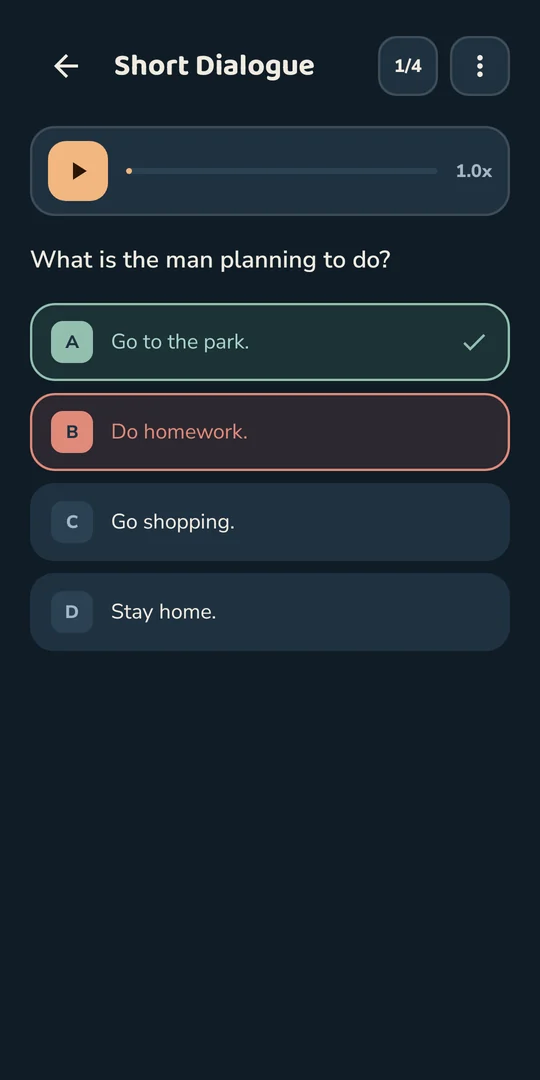 A listening practice question answered in the app: the audio player, the question, and the right option marked.